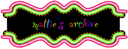 A decorative rectangular sign with a black center and wavy neon-style pink and green borders, featuring the text 'mattie's archive' in multicolored script on a white background.